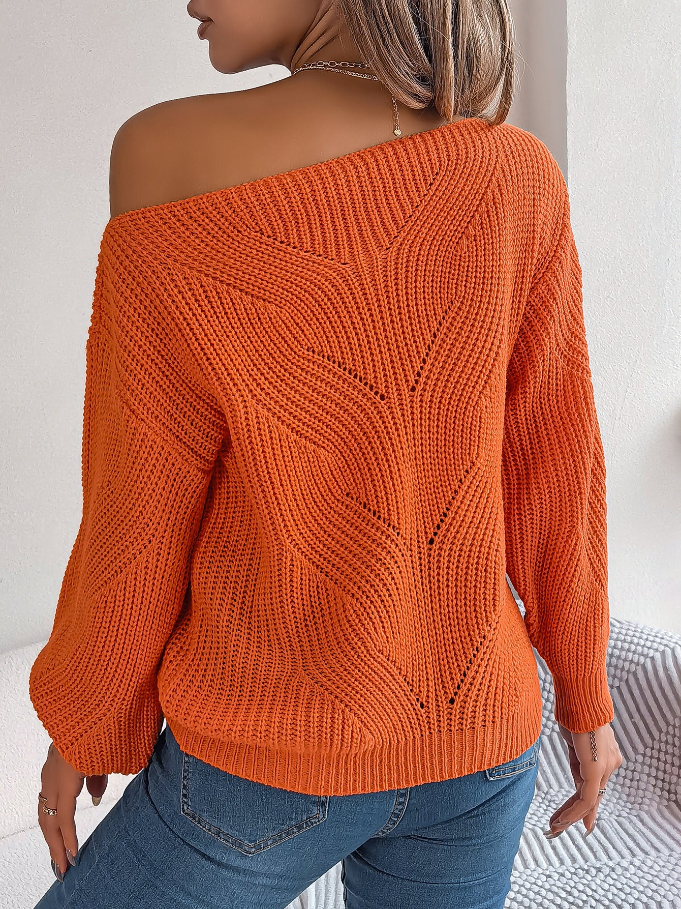 Women's Casual Hollow One-word Neck Off-the-shoulder Lantern Sleeve Sweater