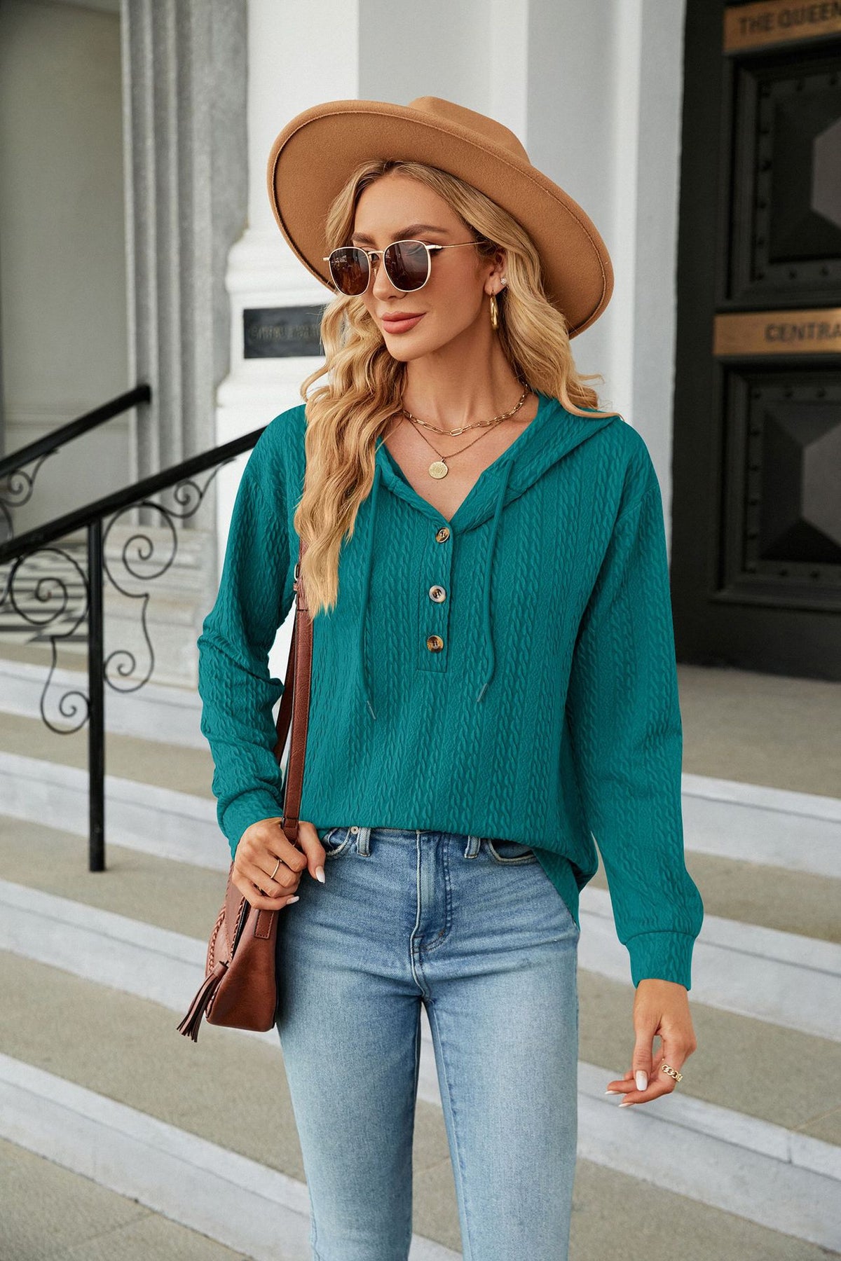 Women's Oversized V-Neck Button Hoodie Long Sleeve Top