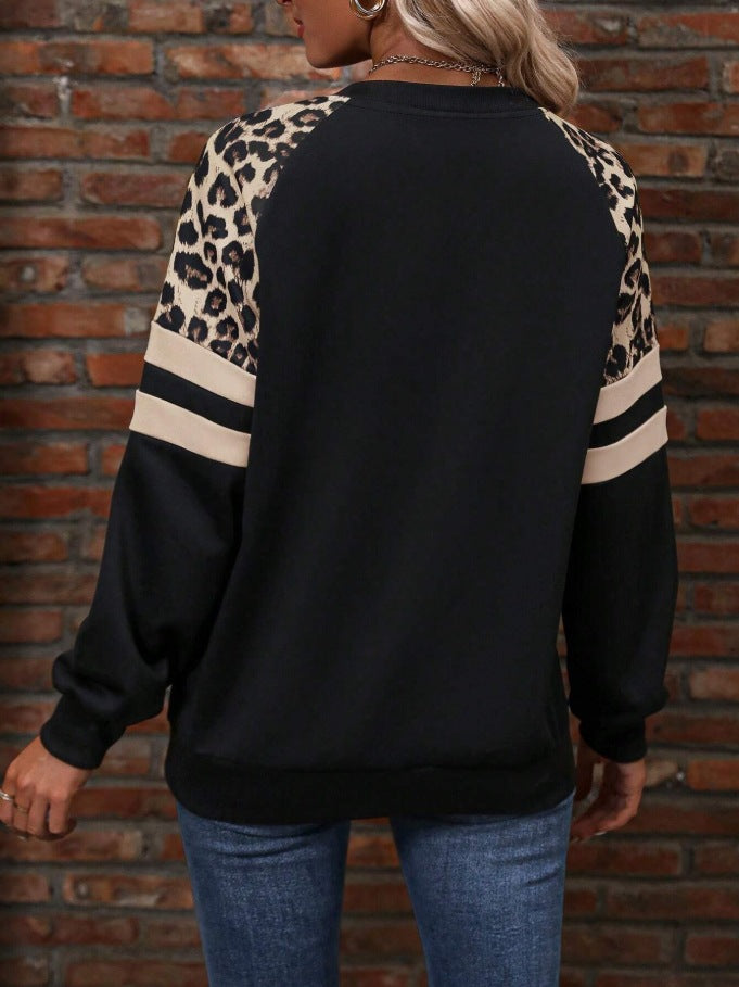 Leopard Colorblock Sweatshirt Women Casual Pullover Top