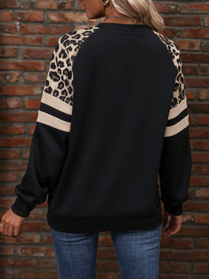 Leopard Colorblock Sweatshirt Women Casual Pullover Top