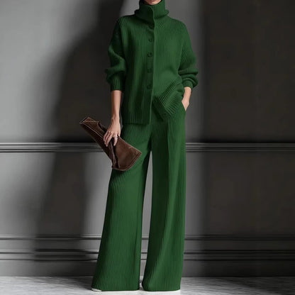 Women's Knit Turtleneck Cardigan Wide Leg Pants Set