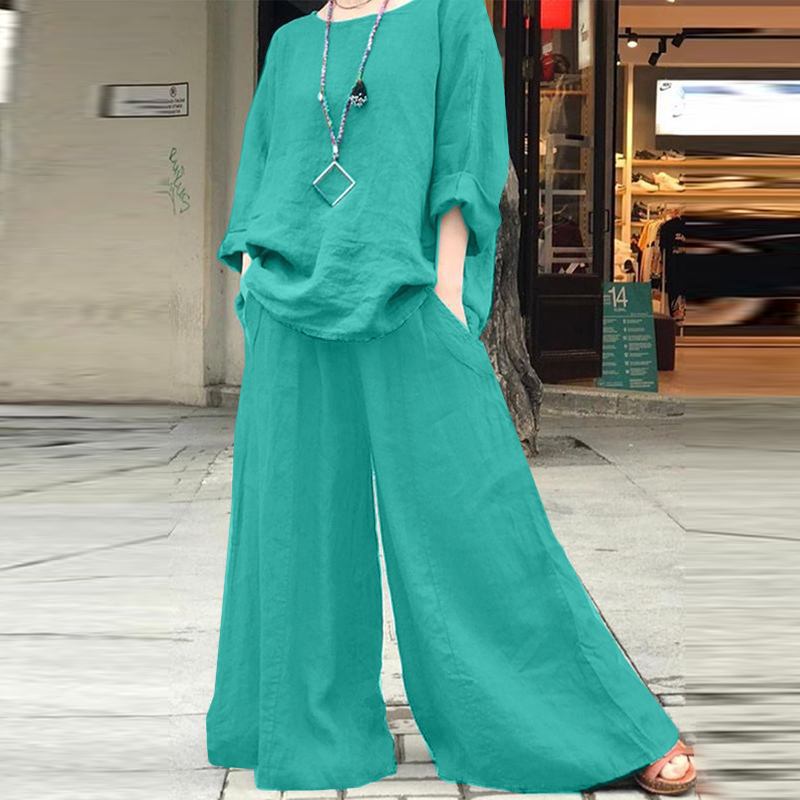 Linen Blend Two Piece Set with Wide Leg Pants