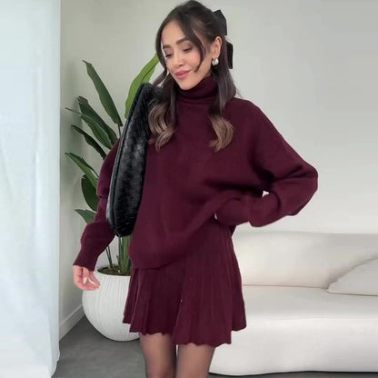 Oversized Turtleneck Sweater Skirt Two Piece Set