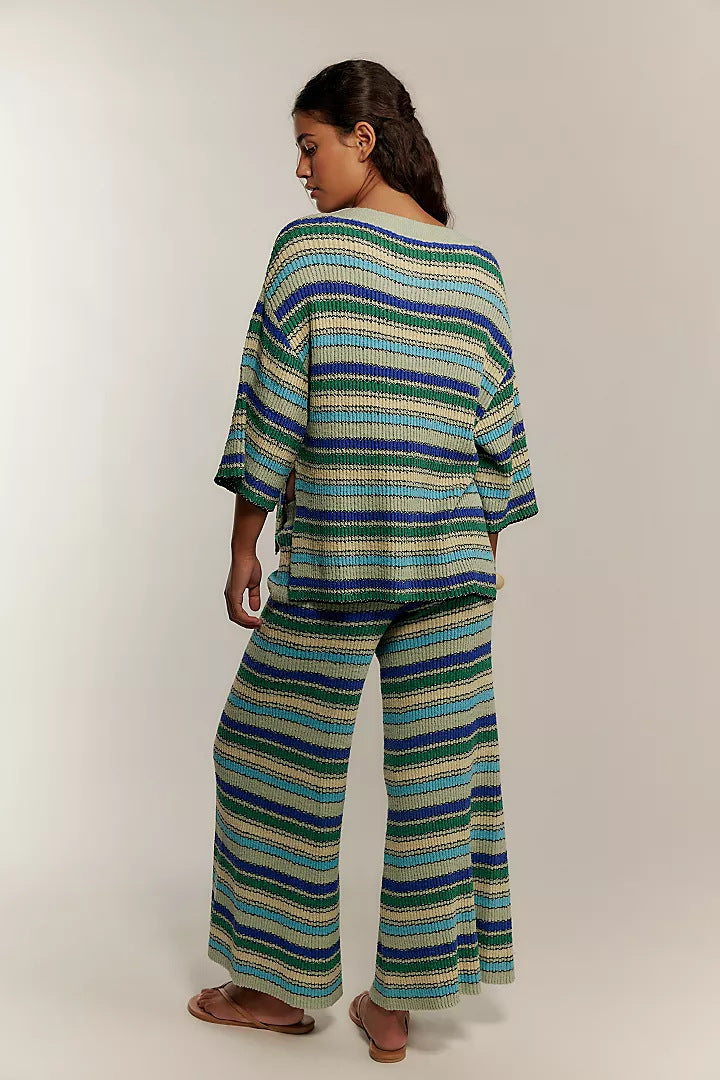 Boho Striped Knit Two Piece Set Wide Leg Pants