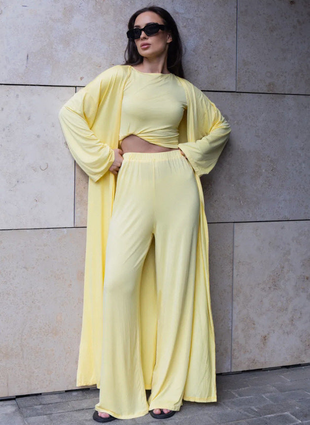 Women's 3 Piece Lounge Set Crop Top Wide Leg Pants Duster