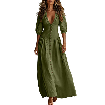 Cotton Button Down Maxi Dress Puff Sleeve V Neck Summer