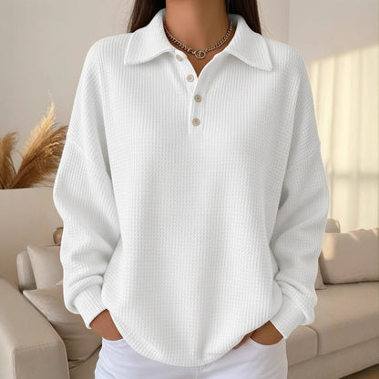 Women's Oversized Waffle Knit Polo Shirt Long Sleeve Top