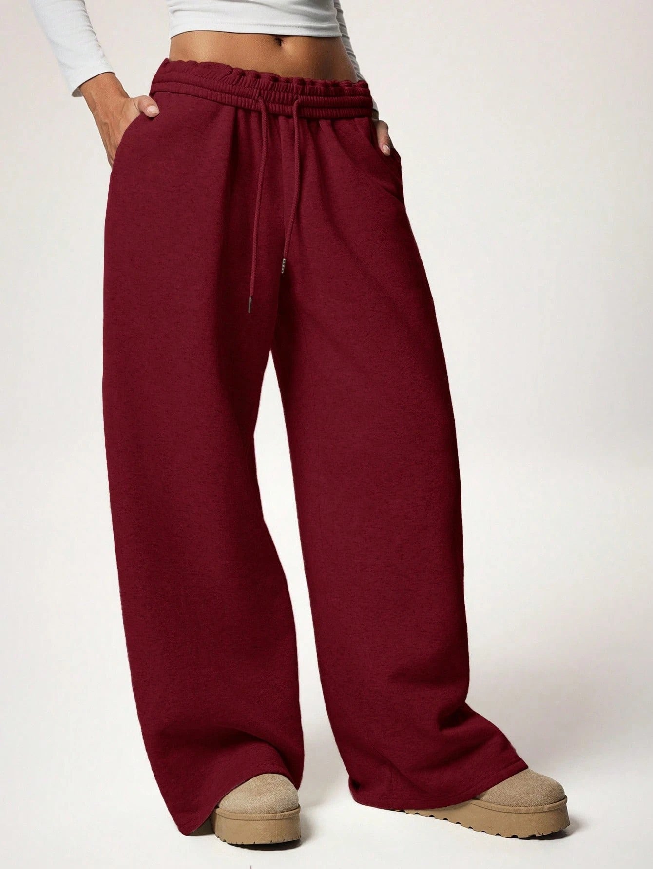 Women Fleece Wide Leg Sweatpants Drawstring Lounge Pants