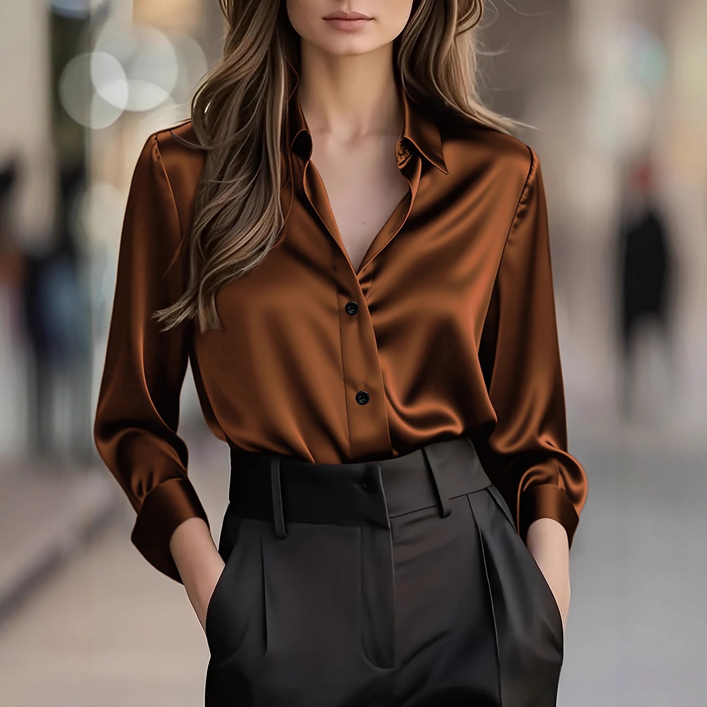 Women's Satin Button Down Shirt Long Sleeve Work Blouse