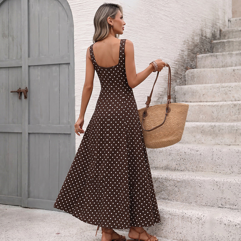Brown Polka Dot Square Neck Sleeveless Maxi Dress Summer Vacation