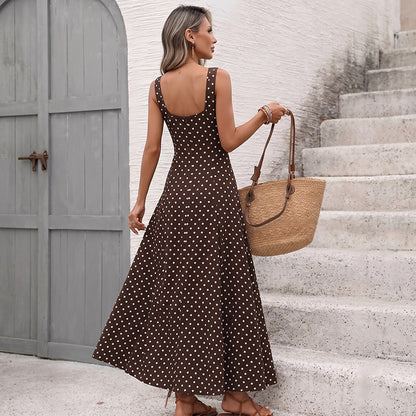 Brown Polka Dot Square Neck Sleeveless Maxi Dress Summer Vacation
