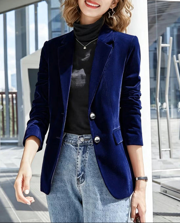 Women's Vintage Velvet Blazer Fitted Button Lapel Jacket