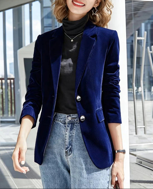 Women's Vintage Velvet Blazer Fitted Button Lapel Jacket