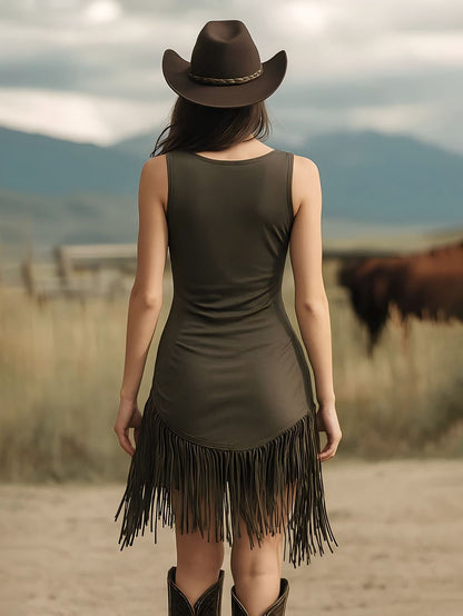 Sexy Cowgirl Fringe Mini Dress Deep V Neck Bodycon