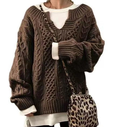 Women's Oversized Cable Knit V-Neck Pullover Sweater
