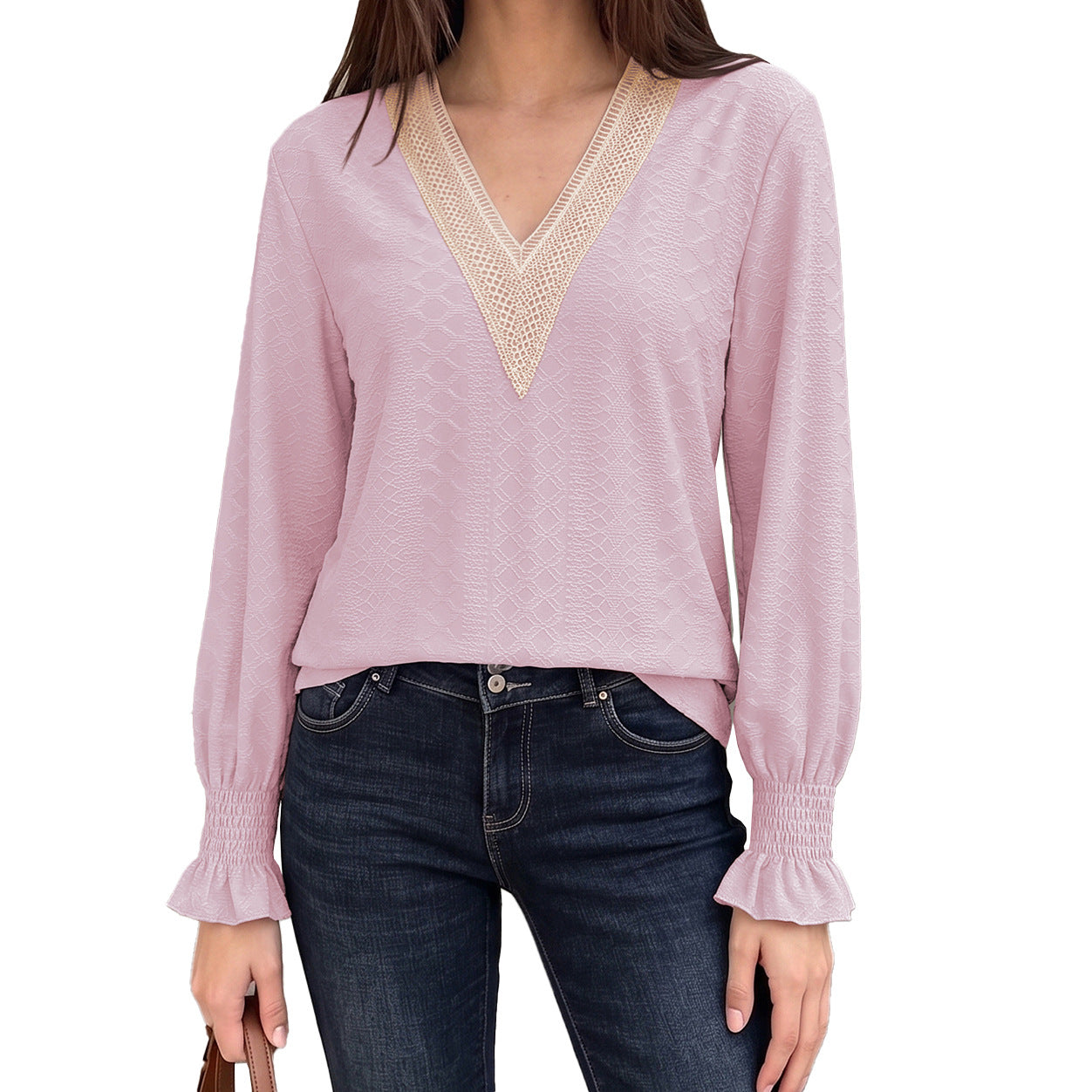 Women's V-Neck Lace Trim Blouse Long Sleeve Smocked Cuffs