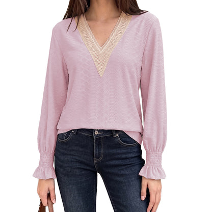 Women's V-Neck Lace Trim Blouse Long Sleeve Smocked Cuffs