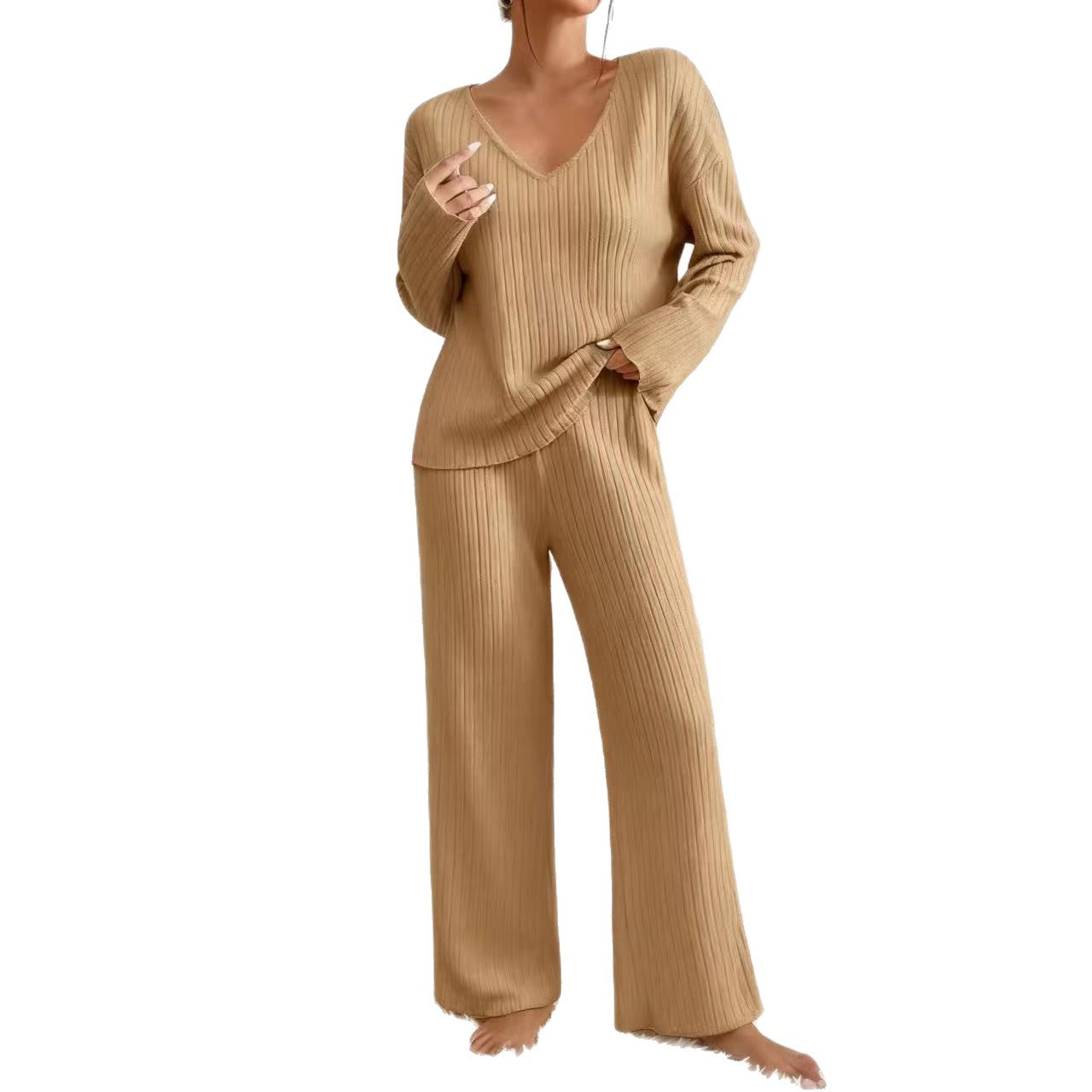 Women's Ribbed Knit Wide Leg Pants Two Piece Lounge Set