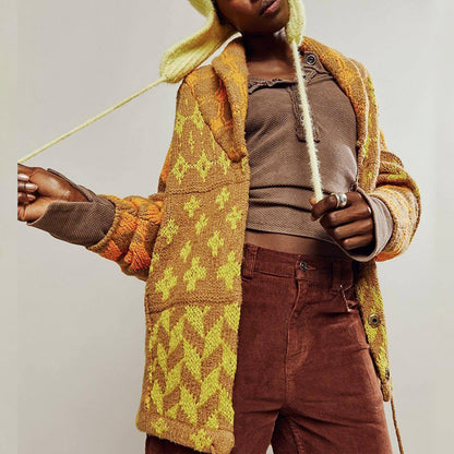 Y2K Oversized Geometric Knit Cardigan Button Front