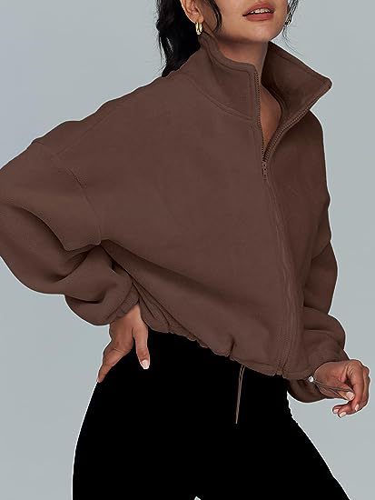 Womens Oversized Fleece Zip Up Jacket Stand Collar Cropped