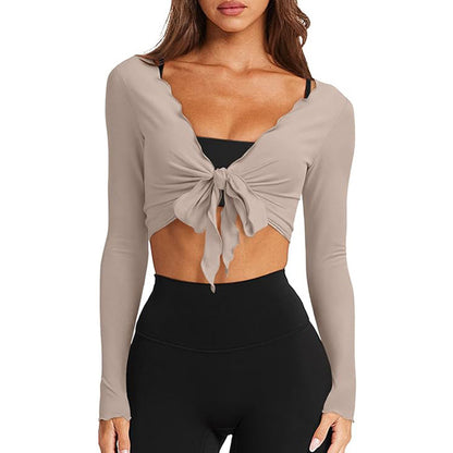Women's V Neck Wrap Crop Top Long Sleeve Lettuce Trim Knit
