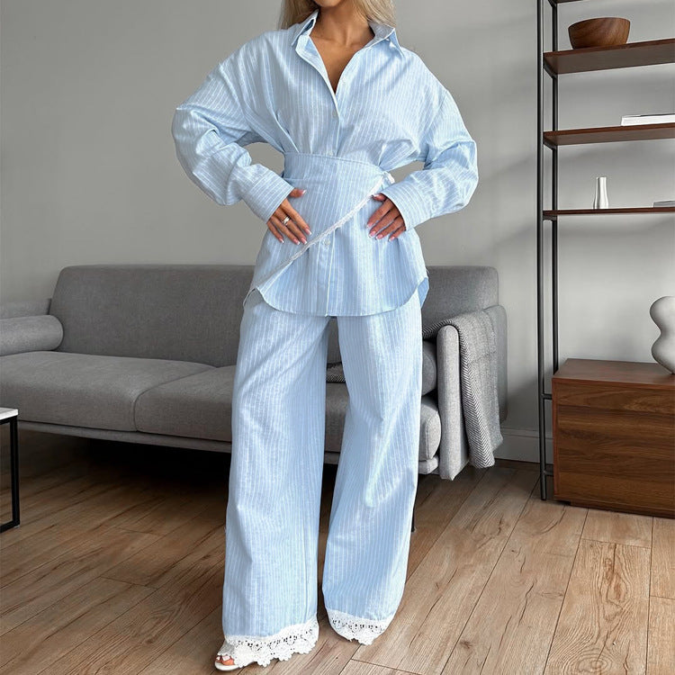 Women's Striped Shirt & Lace Trim Wide Leg Pants Set
