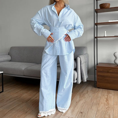 Women's Striped Shirt & Lace Trim Wide Leg Pants Set