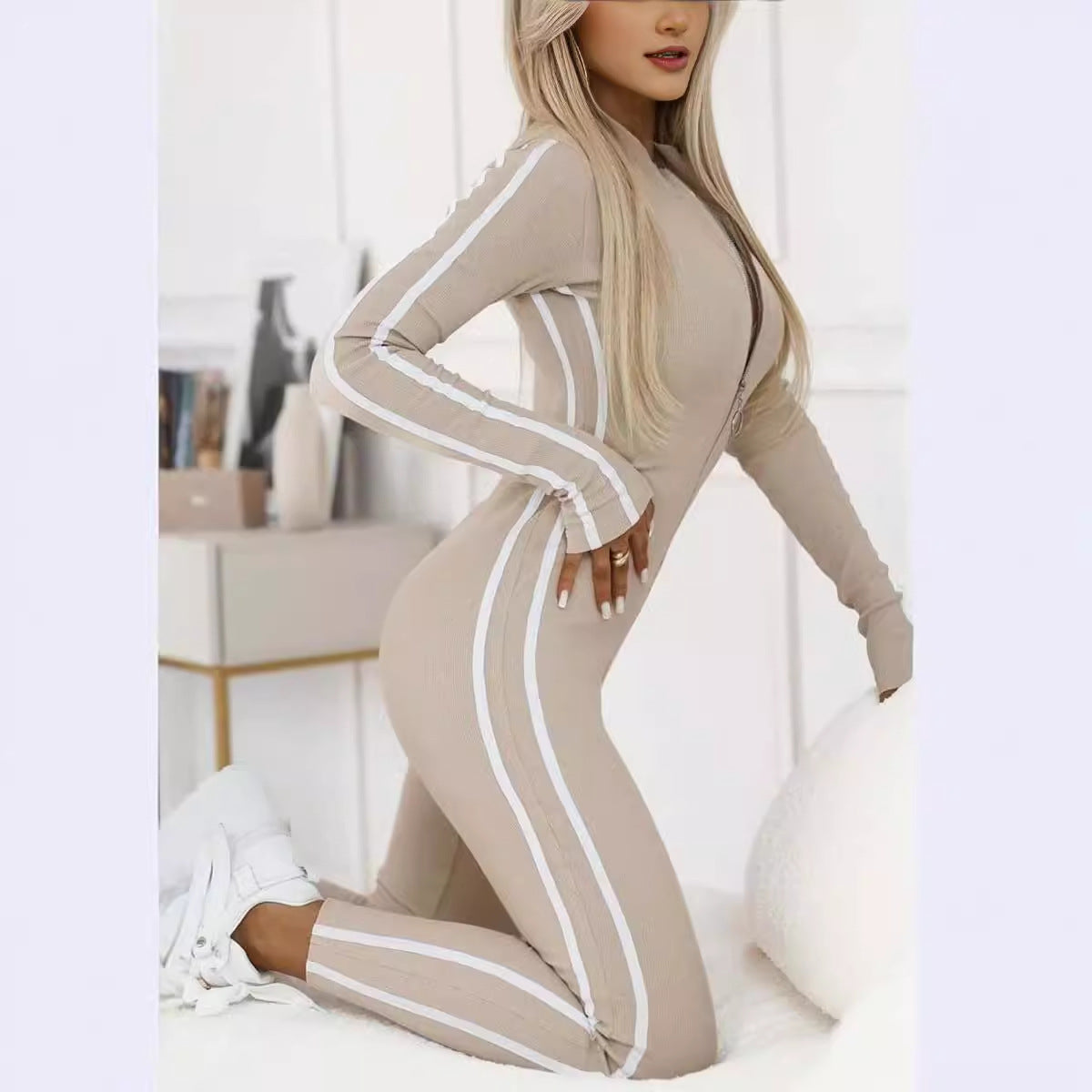 Women's Half Zip Striped Bodycon Long Sleeve Jumpsuit