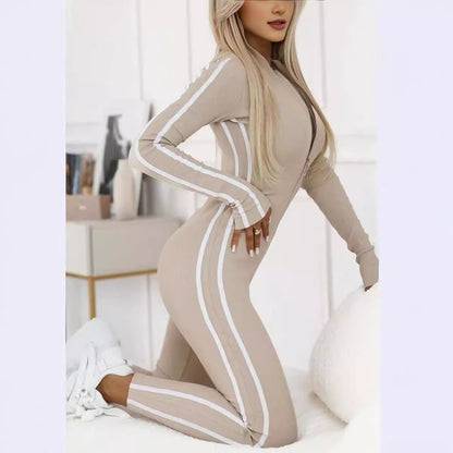 Women's Half Zip Striped Bodycon Long Sleeve Jumpsuit