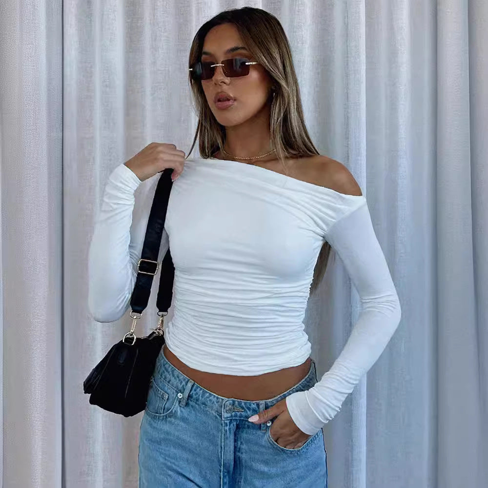 Sexy One Shoulder Ruched Long Sleeve Crop Top