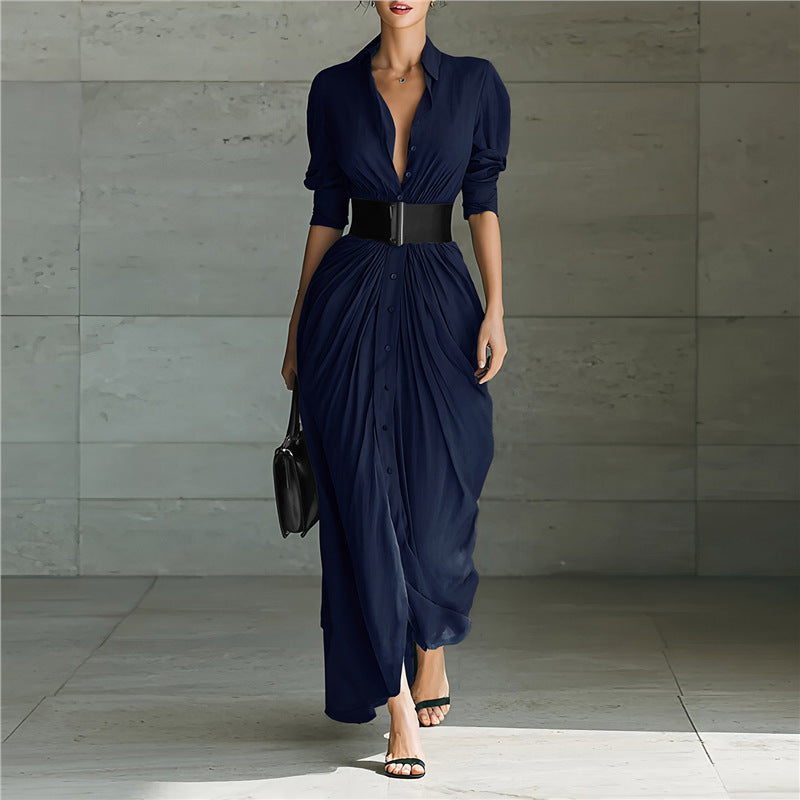 Collared Belted Maxi Shirt Dress Long Sleeve