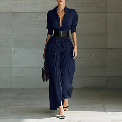 Collared Belted Maxi Shirt Dress Long Sleeve