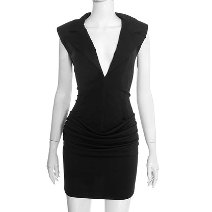 Sleeveless Deep V Blazer Ruched Bodycon Mini Dress