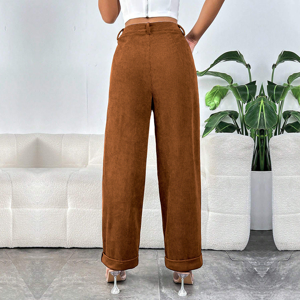 Corduroy High Waist Pants Wide Leg Pocket Trousers