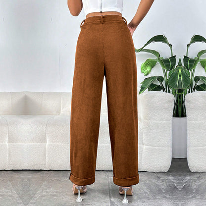 Corduroy High Waist Pants Wide Leg Pocket Trousers