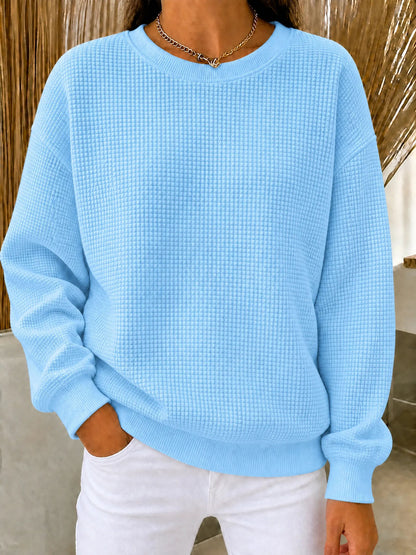 Women's Waffle Knit Oversized Crew Neck Long Sleeve Top