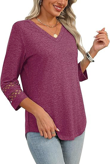 White V-Neck Lace Sleeve Casual Knit Top for Women