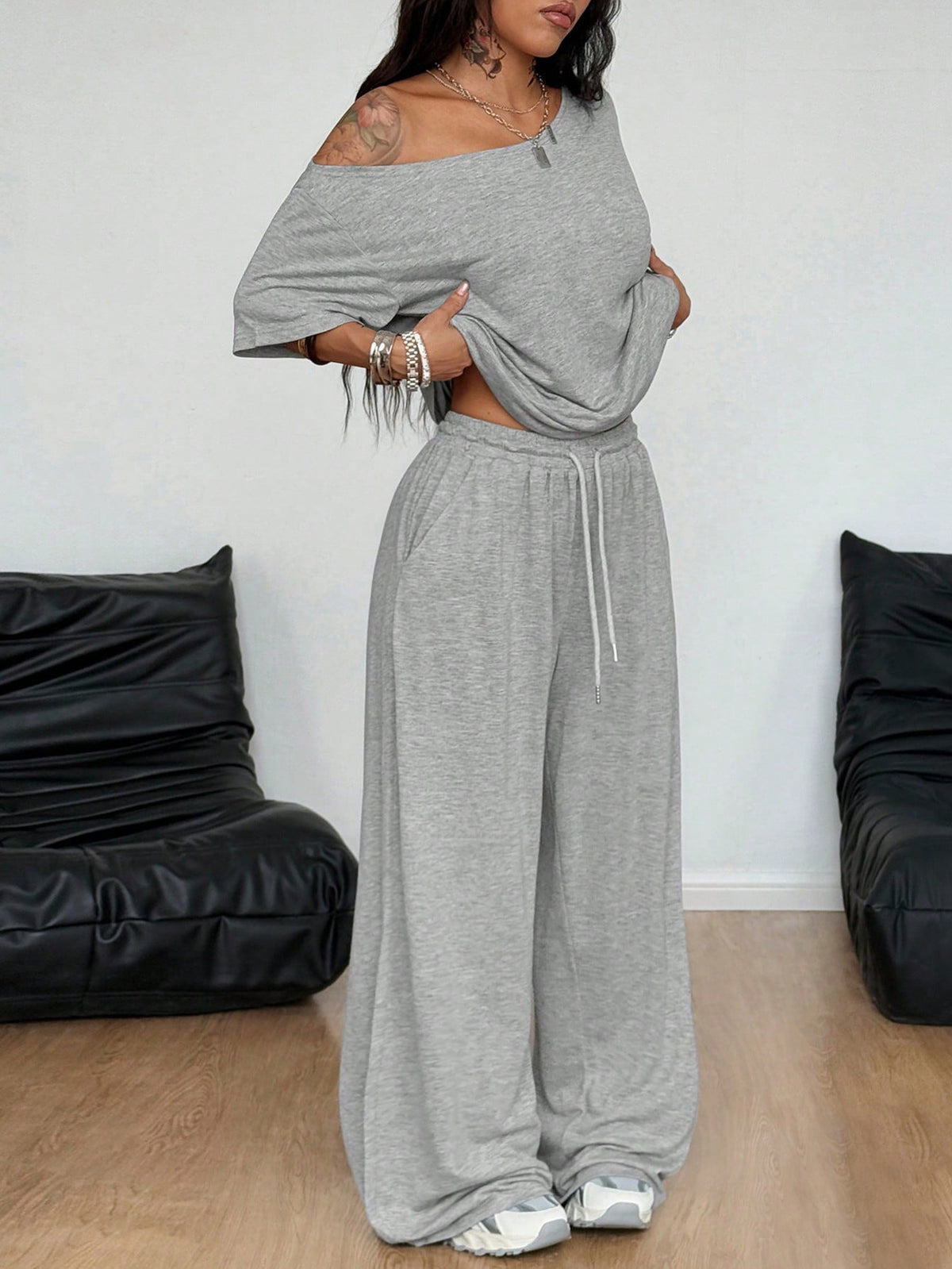 Women Off Shoulder Wide Leg Pants Casual Two Piece Set