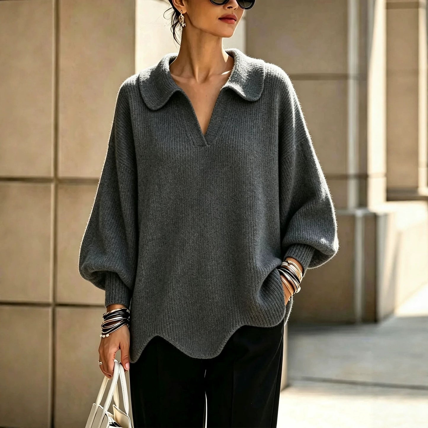 Women's Oversized Collared V-Neck Balloon Sleeve Sweater