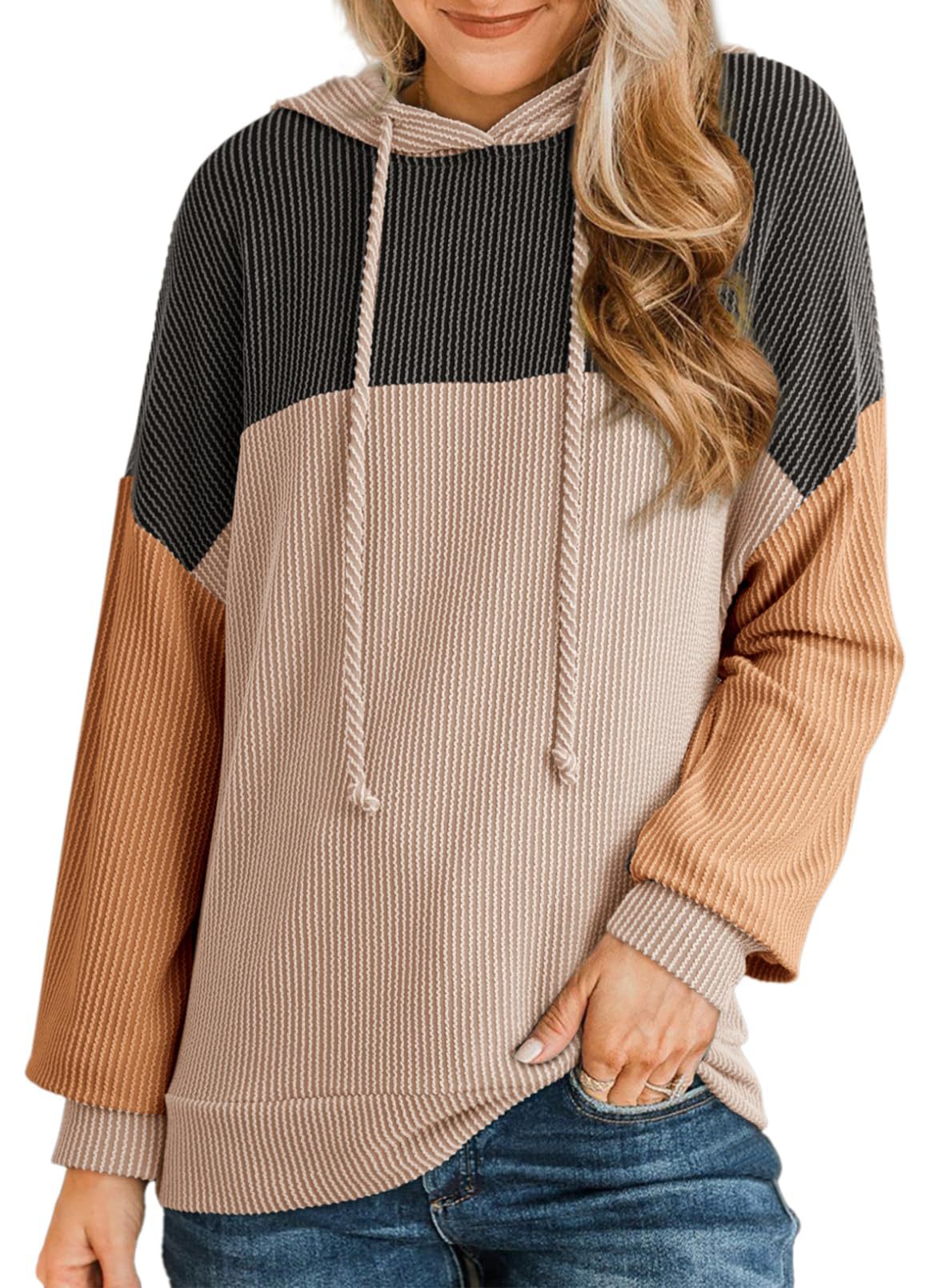 Color Block Ribbed Knit Hoodie Long Sleeve Sweatshirt