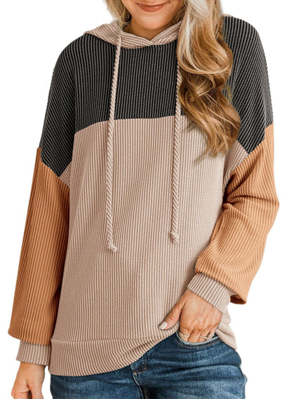 Color Block Ribbed Knit Hoodie Long Sleeve Sweatshirt