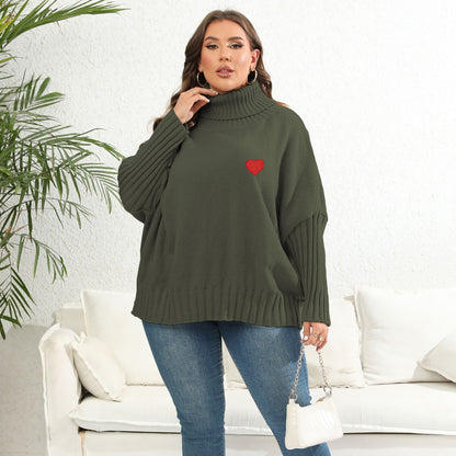 Women's Love Sticker Sweater Solid Color Turtleneck Loose Pullover