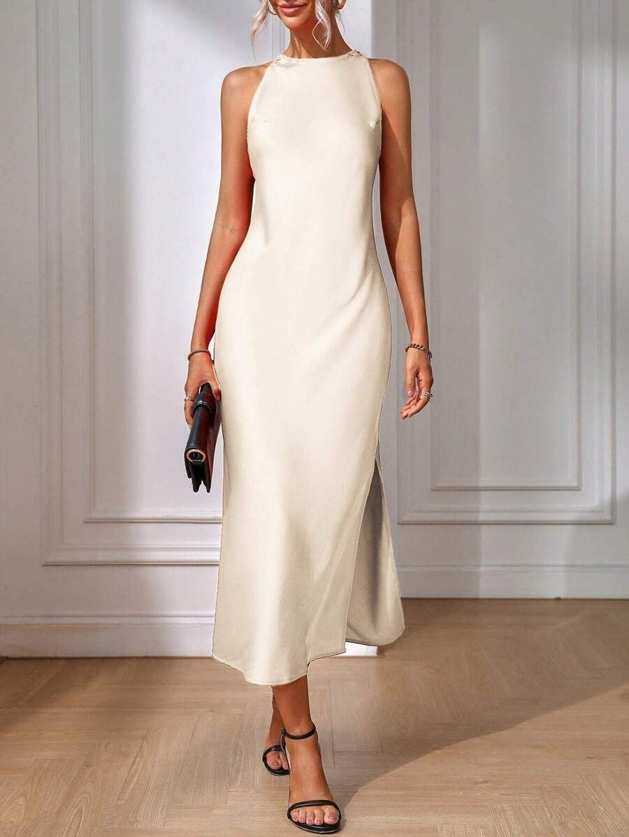 Sleeveless Satin Maxi Dress Side Slit Bodycon Cocktail