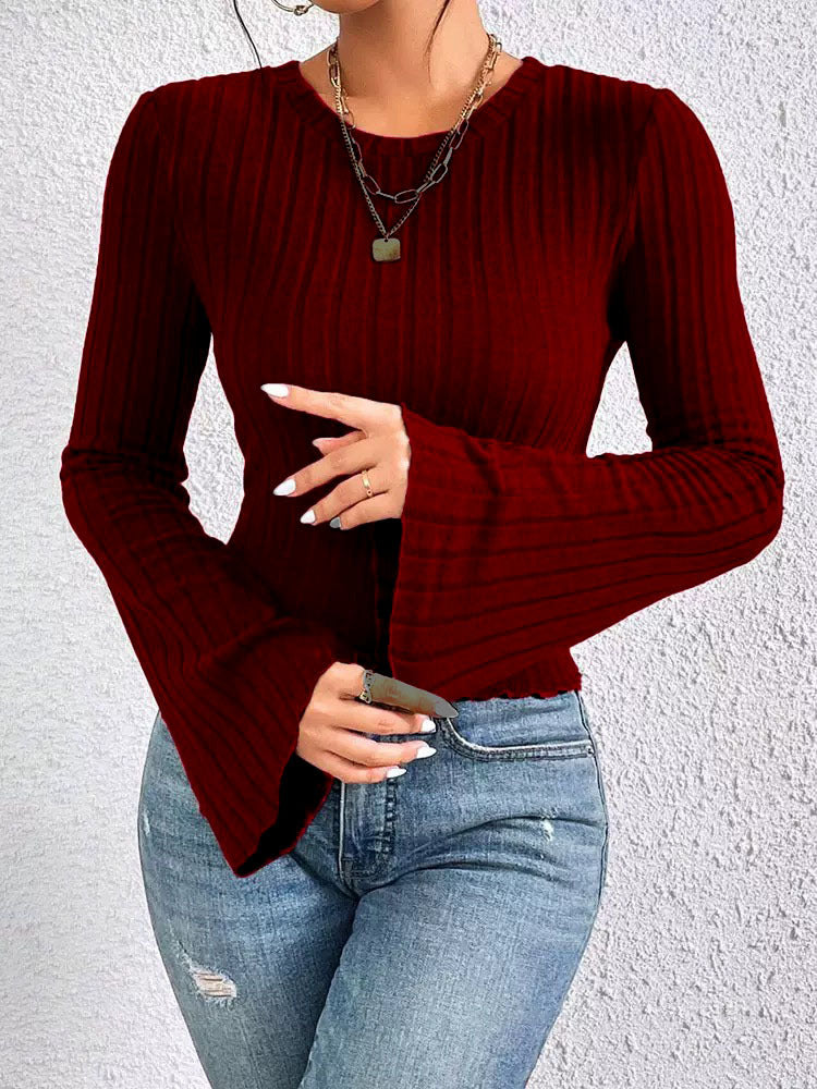 Women Ribbed Bell Sleeve Crop Top Long Sleeve