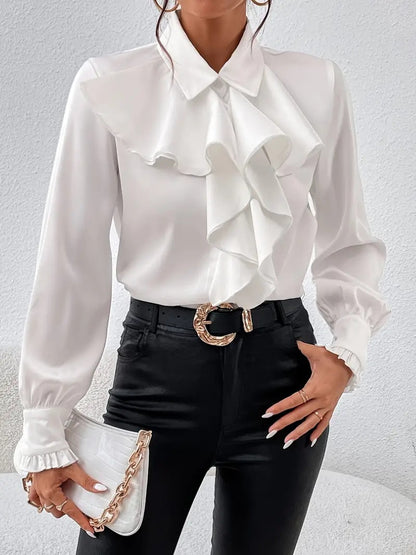 Womens Layered Ruffle Collared Long Sleeve Work Blouse