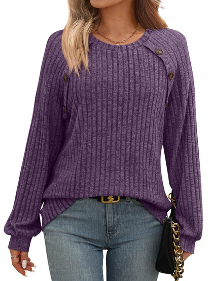Ribbed Knit Crewneck Sweatshirt with Button Detail