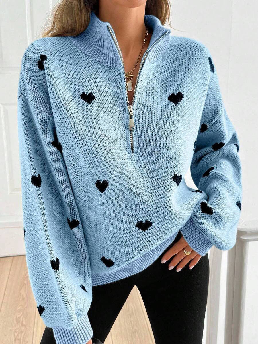 Women's Oversized Heart Print Quarter Zip Knit Sweater