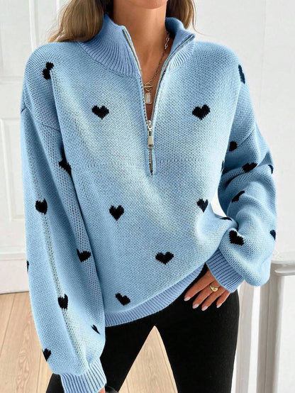 Women's Oversized Heart Print Quarter Zip Knit Sweater