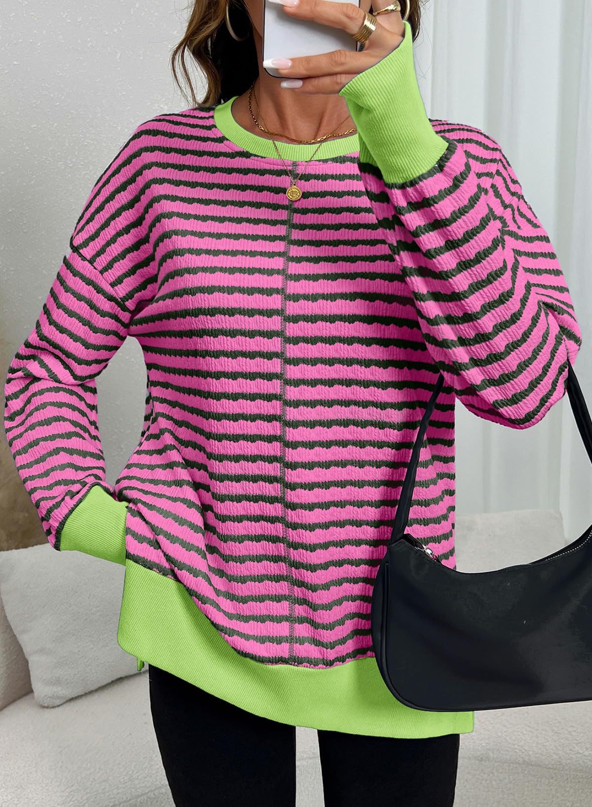 Women's Oversized Striped Crewneck Sweatshirt Side Slit