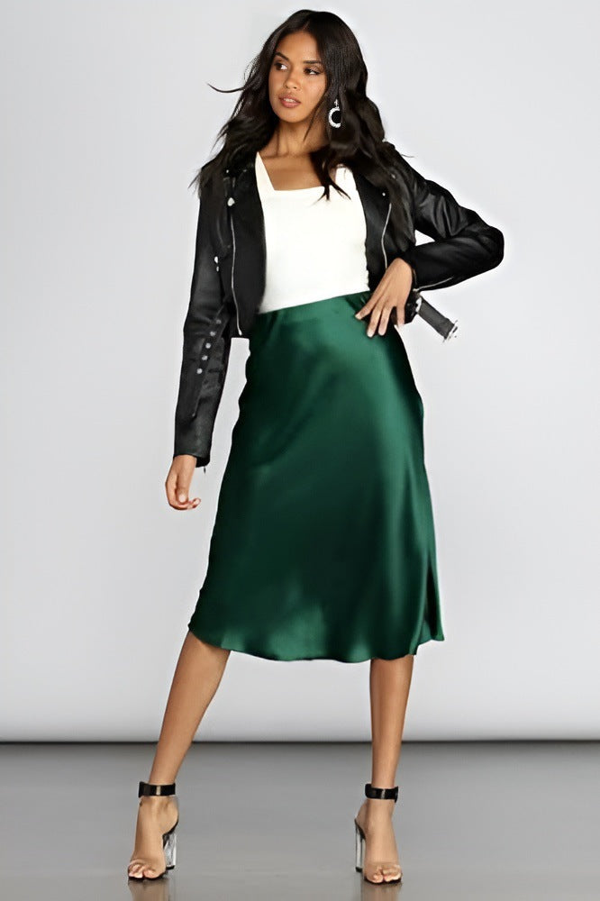 Satin Mermaid Midi Skirt High Waist Stretch Flared